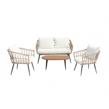 Set Salotto da Esterno in Rattan e Vimini con Tavolino Poltrone e Cuscini