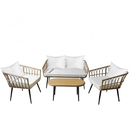 Set Salotto da Esterno in Rattan e Vimini con Tavolino Poltrone e Cuscini