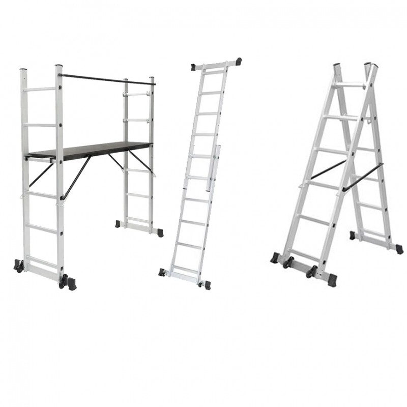 Scala Multifunzione 4 in 1 Alluminio con Piattaforma Pieghevole con Ruote