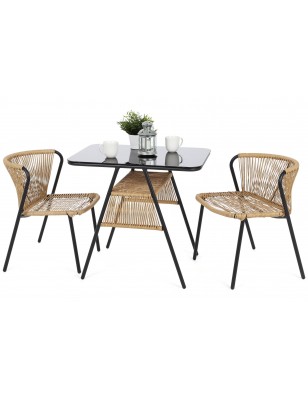 Set Bistrot da Giardino Richiudibile Due Poltrone Tavolino con Piano in Vetro Impilabili a Scomparsa Salvaspazio