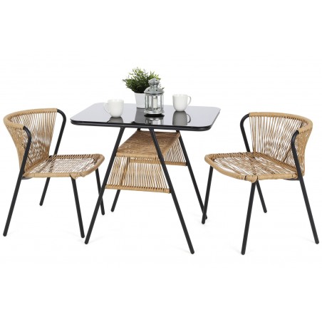 Set Bistrot da Giardino Richiudibile Due Poltrone Tavolino con Piano in Vetro Impilabili a Scomparsa Salvaspazio