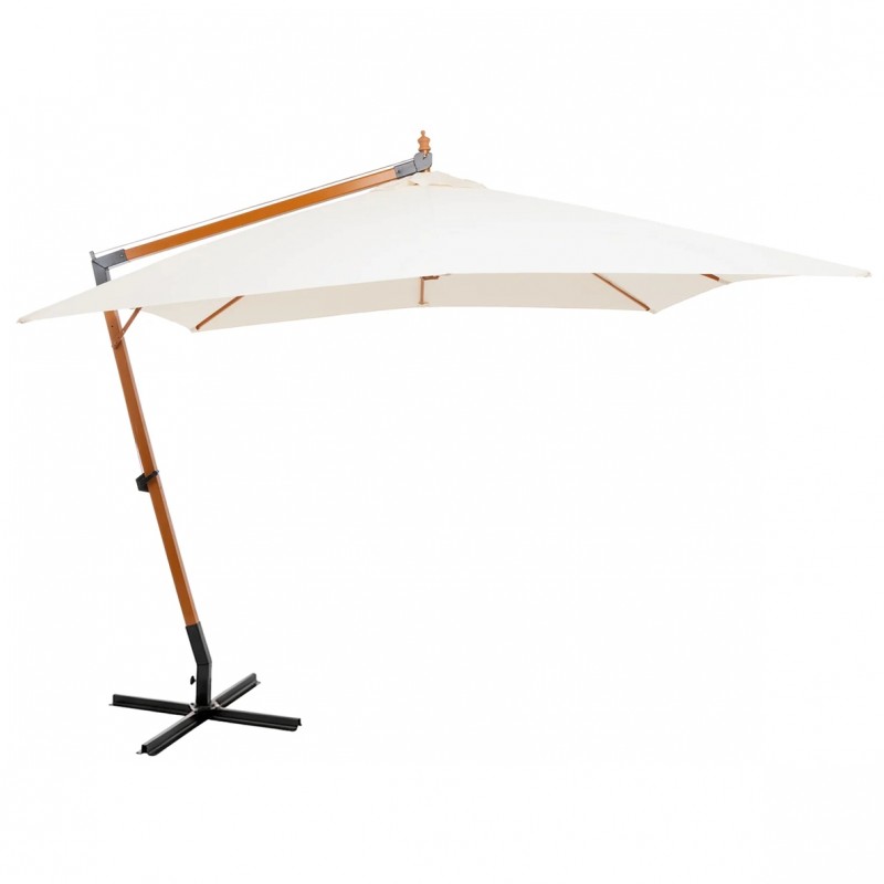 Ombrellone in legno con braccio laterale decentrato 3x3 m telo écru in poliestere 180 g/m² idrorepellente base a croce
