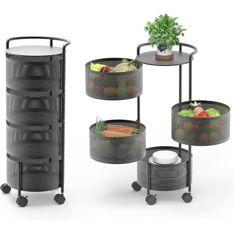 Carrello Porta verdure Cesto di Frutta a 5 Livelli con Ruote per Conservare da Cucina Nero Carrello Porta verdure Cesto di Frutta a 5 Livelli con Ruote per Conservare da Cucina Nero